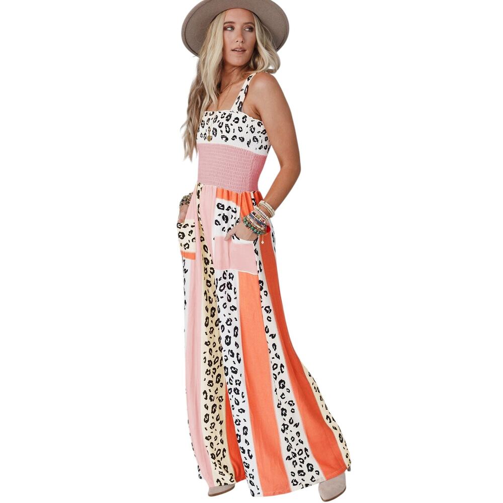 Pink Leopard Color Block Mix Print Pocketed Sleeveless  Jumpsuit New Size Large